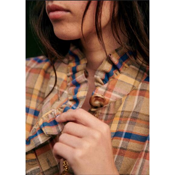 Sezane Coline Shirt Folk Check Print Size French 34 US 2 Western Ruffle Plaid - Picture 3 of 11
